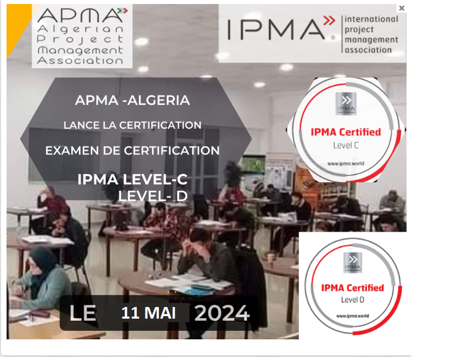 Annonce examen de certification IPMA  Niveau D et C du 11 MAI 2024 Insciptions ouverte..